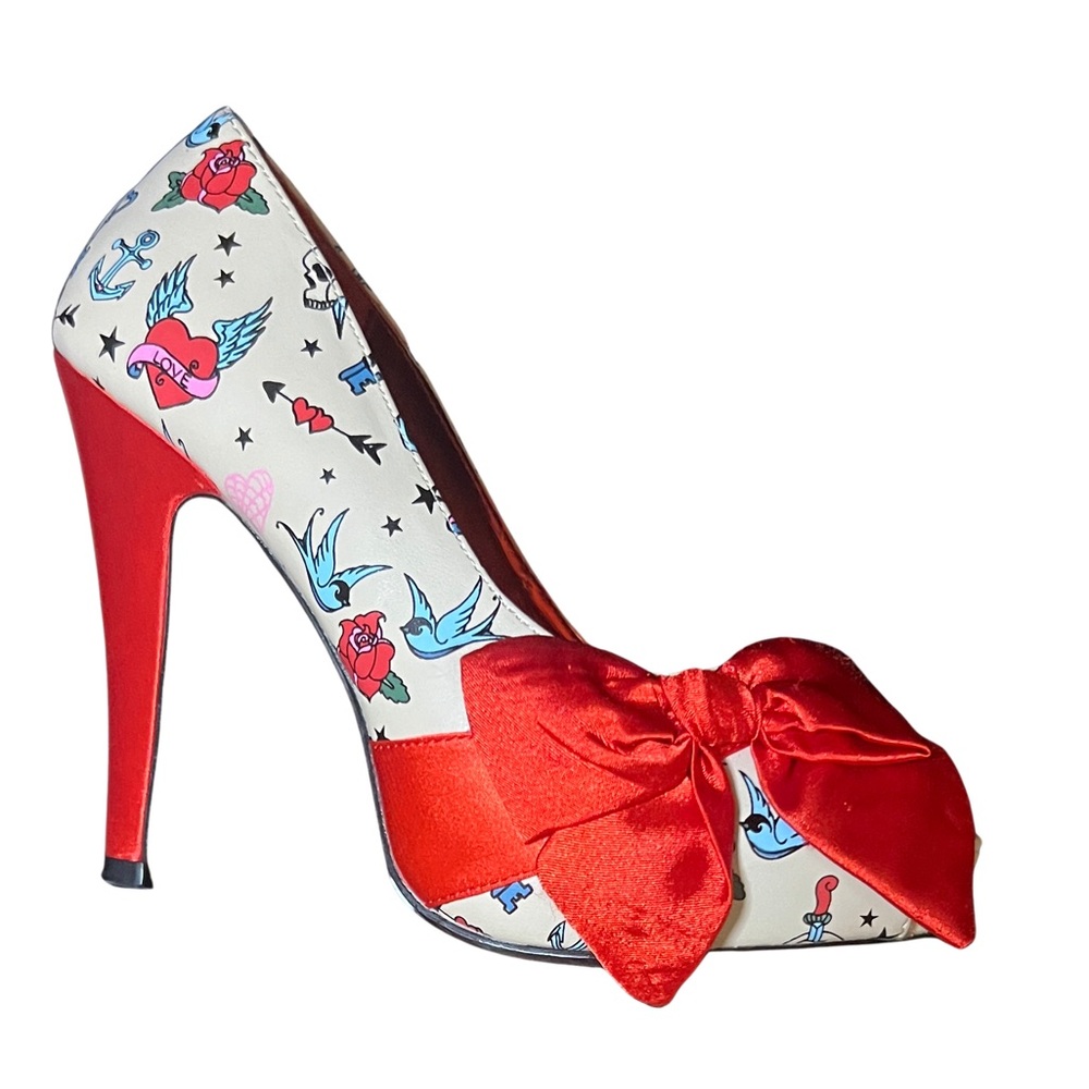 Pinup Couture Tattoo Print Vegan Leather Platform High Heel Shoes